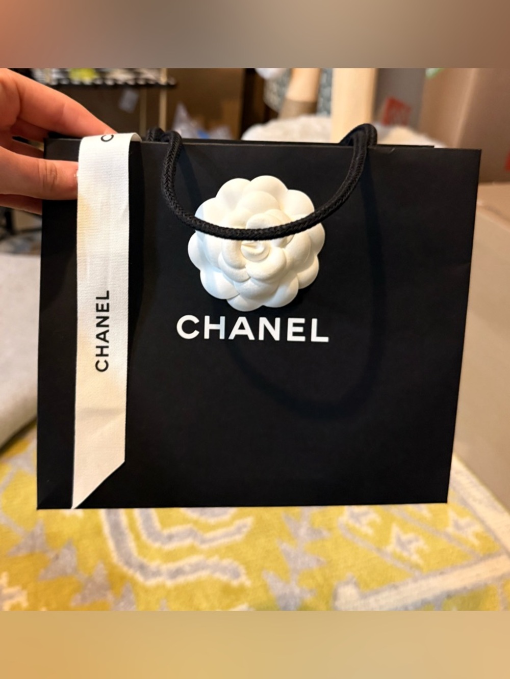 CHANEL Black Paper Gift Bag with White Camellia and Ribbon